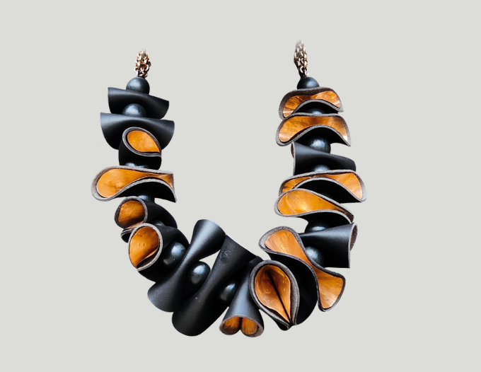 Metamorphosis1 - Random shaped leather wrapped around copper on silver chain (2)