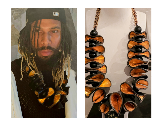 Metamorphosis1 - Random shaped leather wrapped around copper on silver chain (3)
